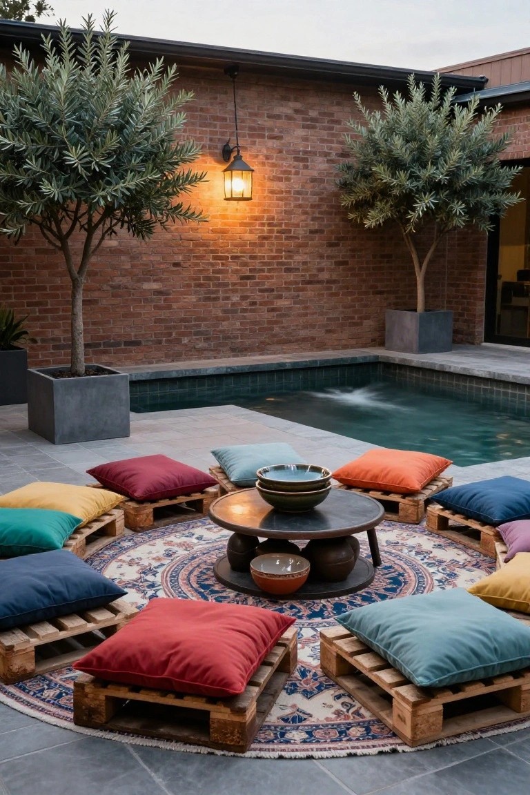 Circular arrangement of colorful floor cushions on wooden pallets surrounding a low round wooden table with stacked ceramic bowls, positioned on a tiled patio next to a small rectangular pool, with potted olive trees and a brick wall nearby.