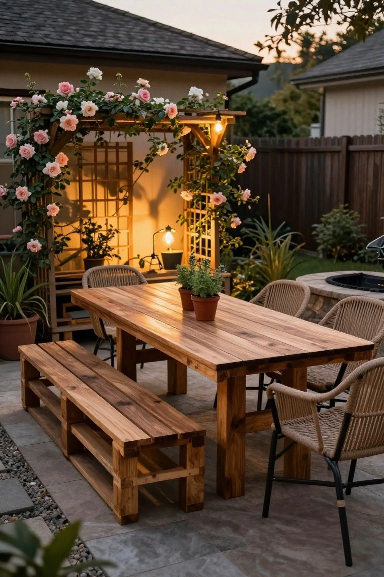 Wooden rectangular dining table and benches made from pallet planks on a patio, with rattan chairs, potted plants, rose-covered pergola, and stone fire pit nearby.