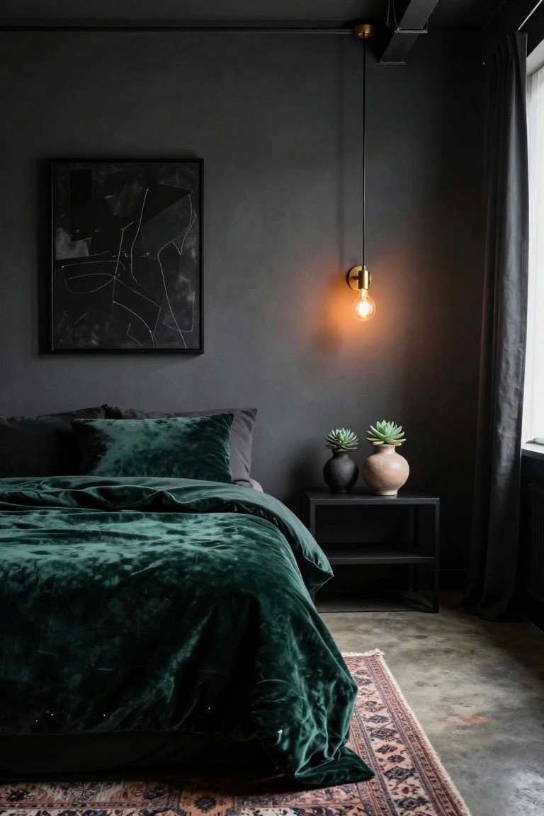 Dark gray bedroom featuring a bed with emerald green velvet duvet and pillows, black metal side table holding two potted succulents, abstract black line art on wall, brass wall lamp with warm bulb, and heavy gray curtains over window.