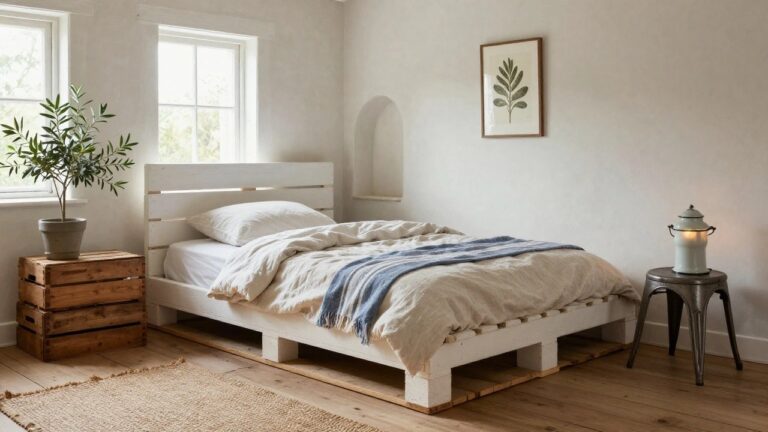 A bedroom with a white wooden pallet bed frame raised on crates, white striped linens, potted olive tree, green shaded lamp on a round table, and arched niche on white walls.