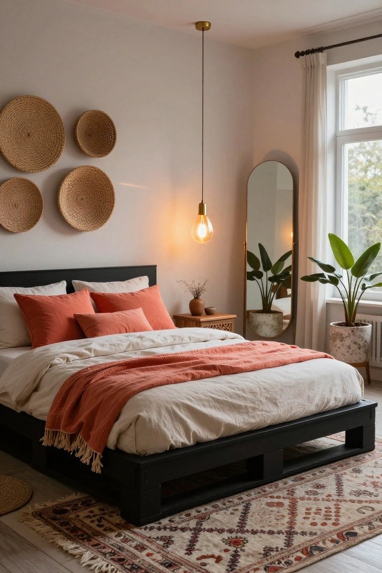 Bedroom with low black pallet platform bed frame, white duvet and orange pillows and throw, woven baskets on wall, potted plants, arched mirror by window, and gold pendant light.