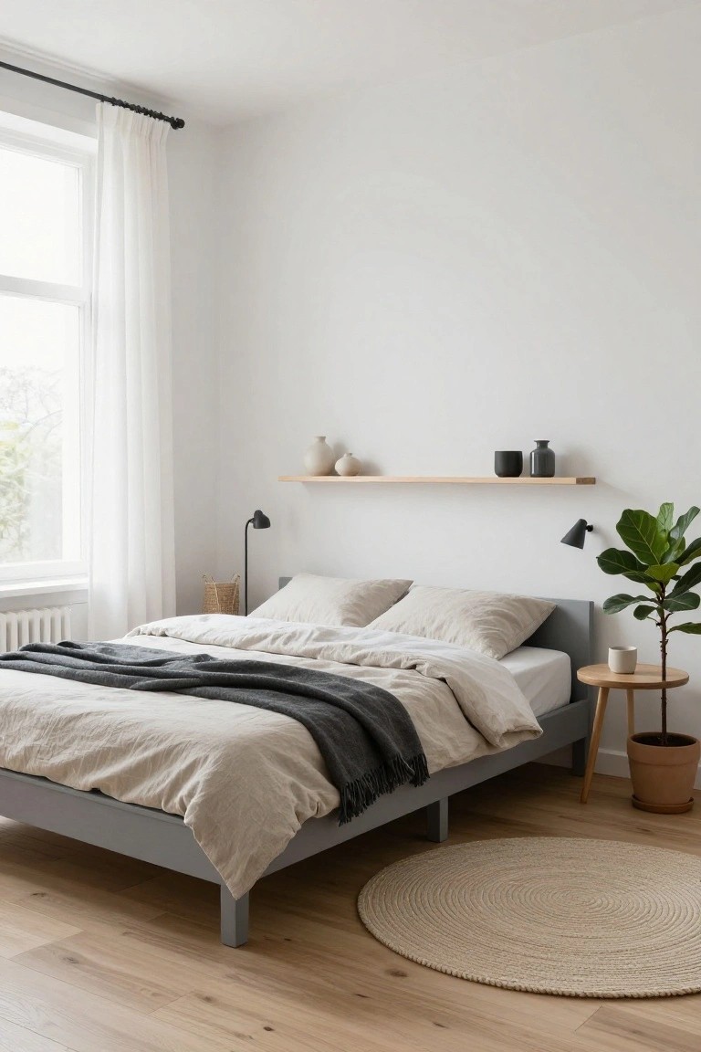 Minimalist bedroom with a gray bed, beige linens, wooden shelf, and potted plant.