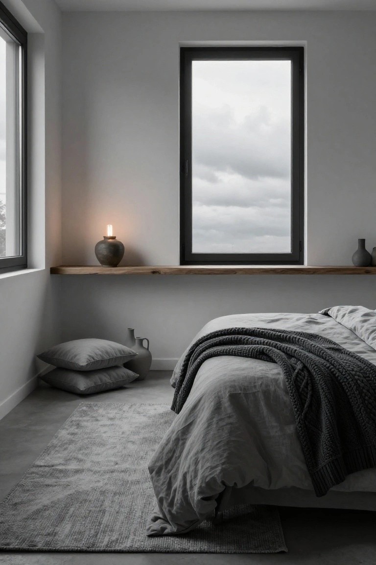 Minimalist gray bedroom with low platform bed covered in linen bedding and knit throw, wooden shelf with ceramic vases next to black-framed window, floor pillows, and textured rug on concrete floor.