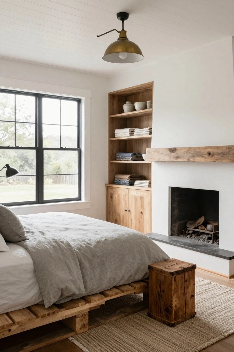 Bedroom interior with a low platform bed frame made from wooden pallets, gray linen bedding, wooden side stool, built-in oak shelves, brick fireplace with wood mantel, black-framed windows overlooking greenery, and neutral rug on wood floor.