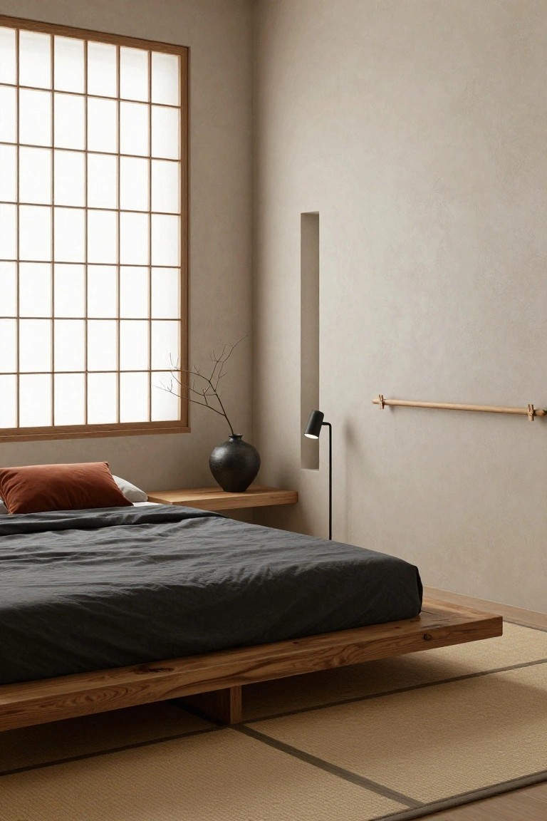 A minimalist Japanese-style bedroom with a low wooden platform bed draped in dark gray sheets and rust pillows, a black vase with branches on a wood shelf beside a shoji screen window, and tan tatami mat flooring.