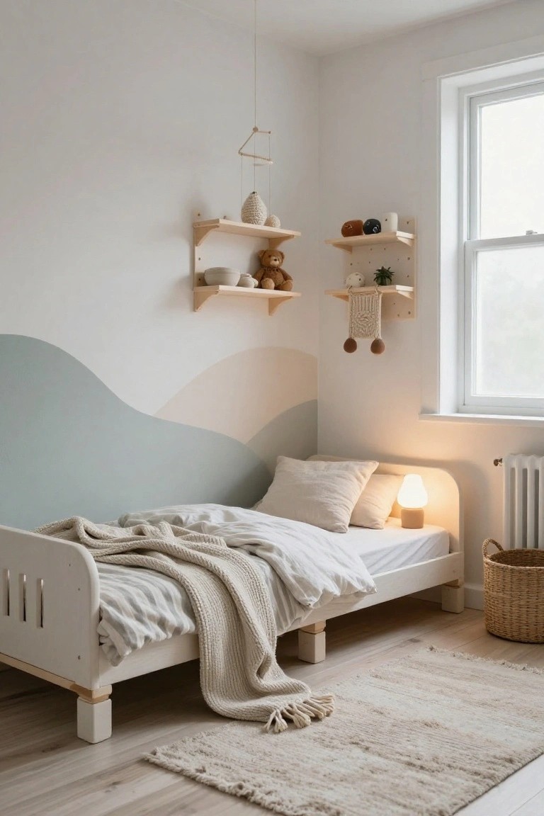 A child's bedroom with a low white wooden bed frame, neutral linens and knit throw, wavy teal and peach painted wall, floating wooden shelves holding ceramics and a teddy bear, bedside lamp, and basket nearby.