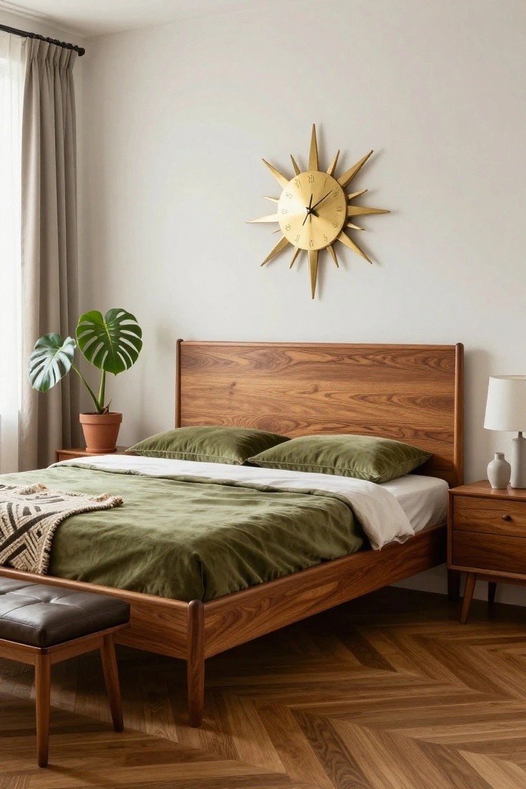 Bedroom interior with a low wooden bed frame, green velvet pillows and duvet, two matching wooden nightstands, a monstera plant in a terracotta pot, a gold starburst wall clock, beige curtains, and herringbone wood flooring.