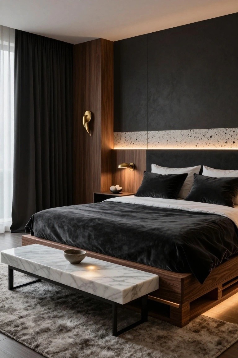 Modern bedroom featuring a low wooden platform bed with black velvet bedding, a white marble bench at the foot, dark textured walls, wood paneling, ambient lighting, and sheer curtains over large windows.