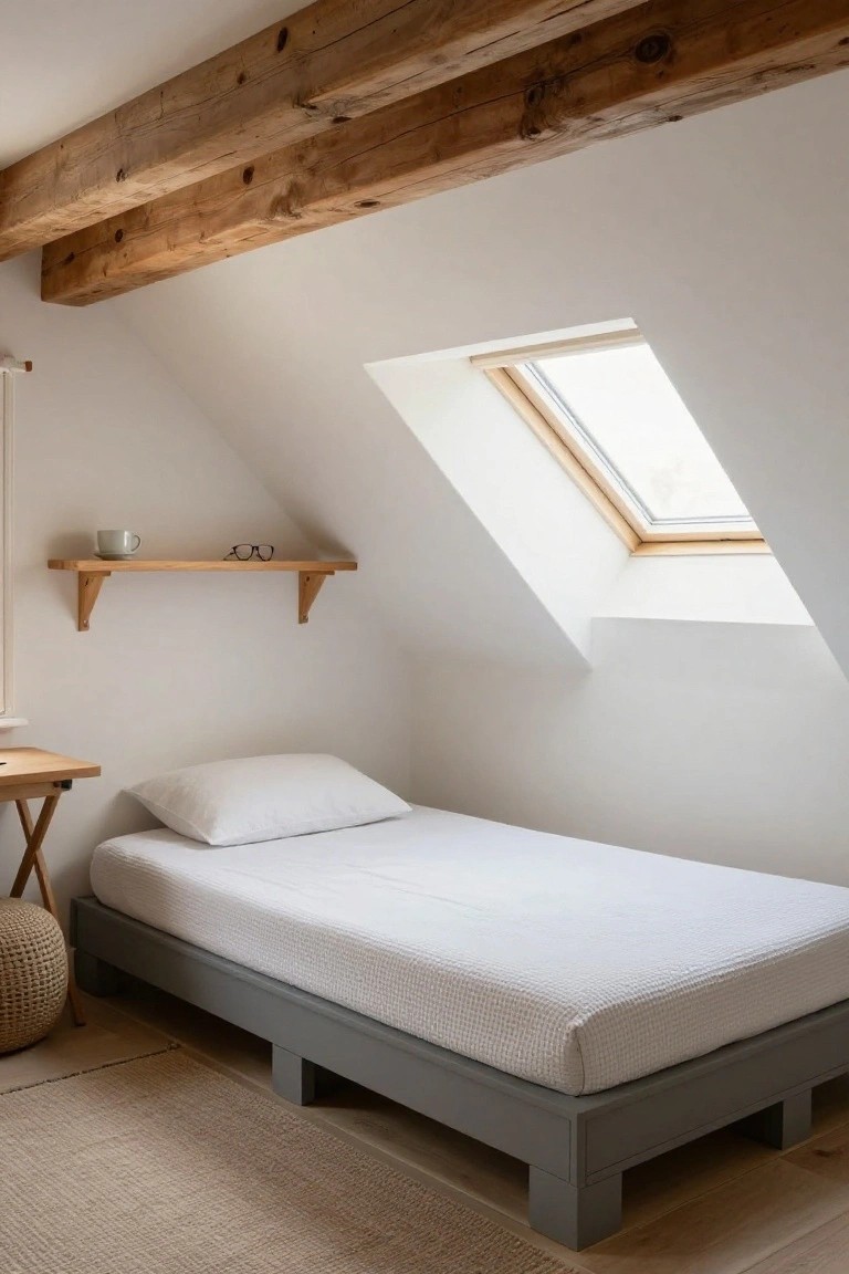 Small attic bedroom with white walls, exposed wooden ceiling beams, skylight window, wooden wall shelf holding a mug and eyeglasses, low gray platform bed with white quilted bedding and pillow, small folding table, and seagrass stool on light wood floor.