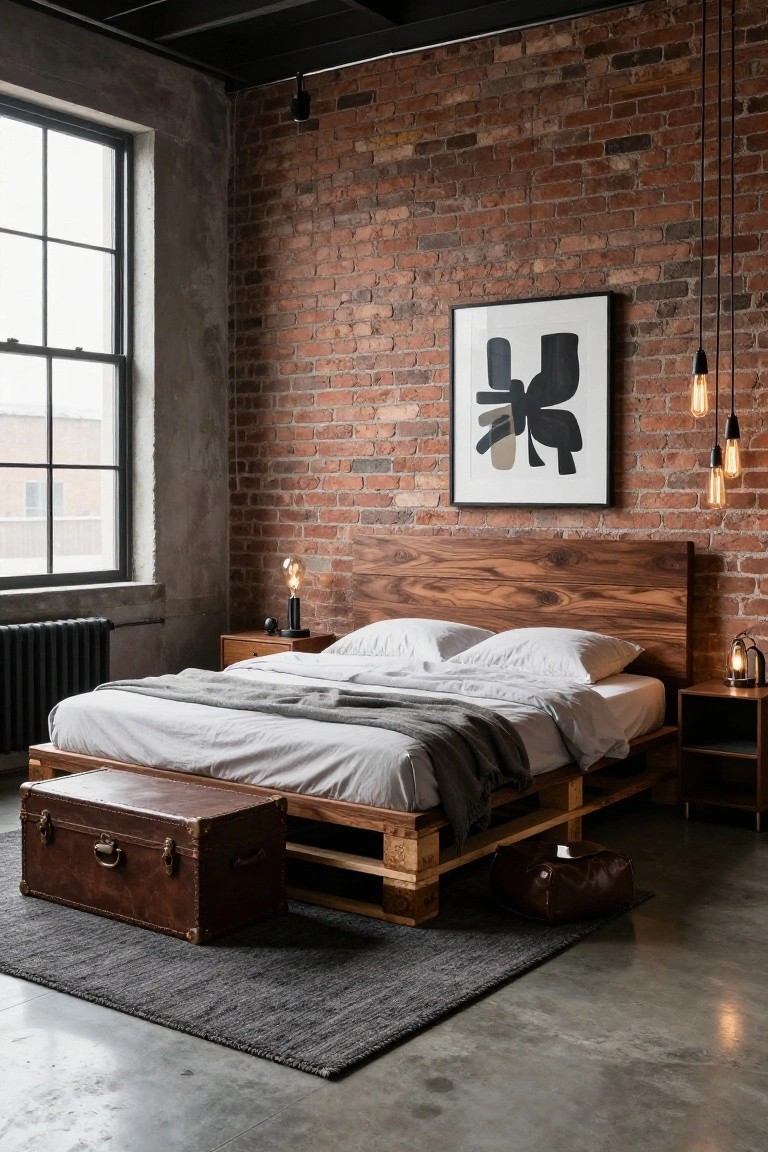 Bedroom with wooden pallet bed frame, solid wood headboard, white bedding, leather trunk at foot, exposed brick walls, industrial pendant lights, and bedside tables on concrete floor.