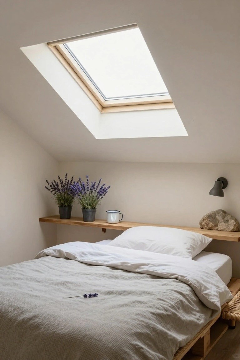 Attic bedroom with sloped white ceiling and skylight above a low bed on wooden pallet frame covered in gray linen bedding and white pillows, wooden shelf holding lavender plants in black pots, enamel mug, rock, and black wall lamp.