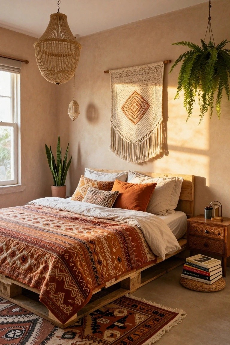 A cozy bedroom with a wooden pallet bed frame topped by an orange terracotta quilt and pillows, beige walls, macrame wall hanging, potted plants, and rattan pendant lights.