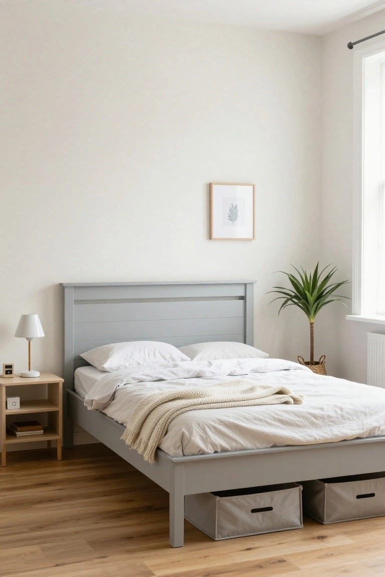 A bedroom with a low gray wooden bed frame holding white pillows and sheets with a knit throw, two gray fabric storage bins underneath, a wooden nightstand with lamp and books, a potted yucca plant, and a framed leaf print on the wall.