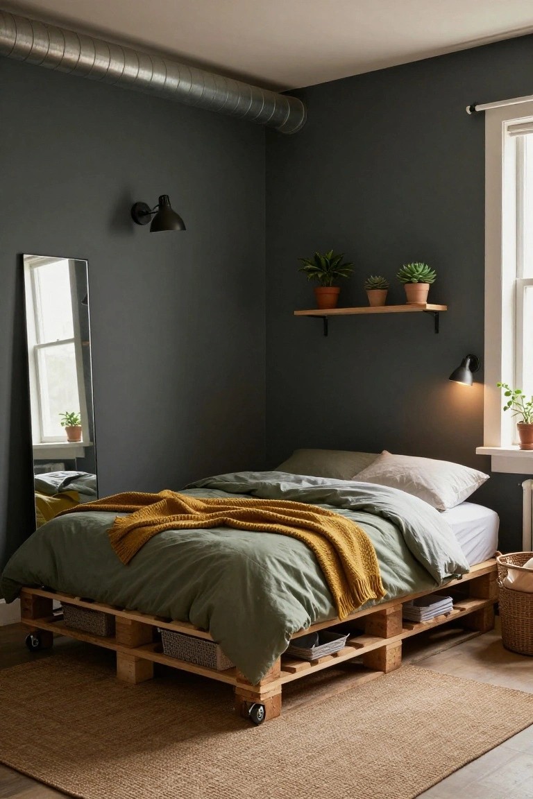 Bedroom corner with a low platform bed frame made from wooden pallets on caster wheels, green duvet and yellow knit throw, woven storage baskets underneath, potted plants on wooden shelves, black wall lamps, full-length mirror, and seagrass rug on wood floor.