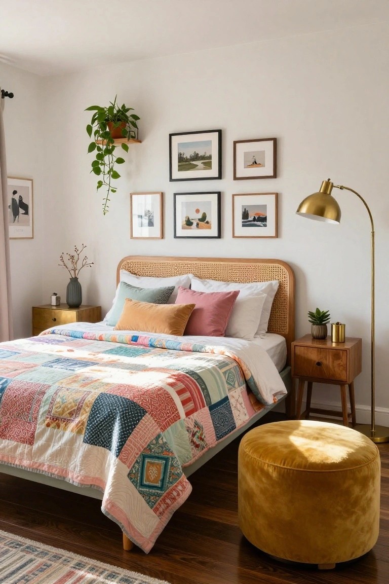 Bedroom interior with a queen bed featuring rattan headboard, multicolored patchwork quilt, assorted pillows, flanked by gold and wood nightstands, hanging plants, framed art on walls, gold arc lamp, and yellow velvet pouf stool on wood floor.