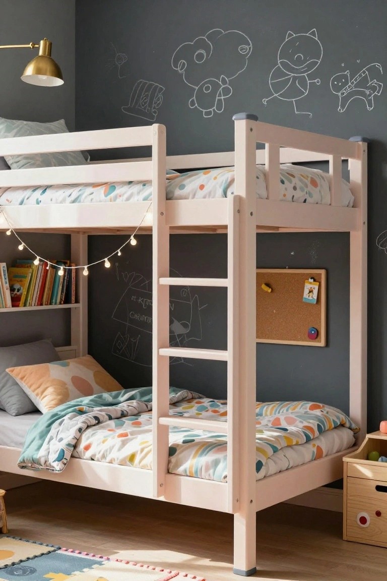A light pink wooden bunk bed in a children's bedroom with gray walls featuring chalk drawings, string lights draped along the side, built-in bookshelves, colorful patterned bedding, and toys on the floor.