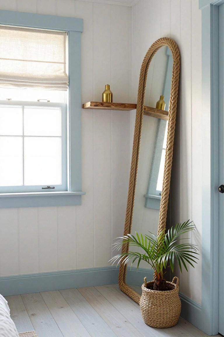Tall arched floor mirror with thick rope frame leaning in corner of bedroom with white paneled walls, blue trim around window and door, wooden shelf with gold vase, potted palm in woven basket, and edge of bed on light wood floor.