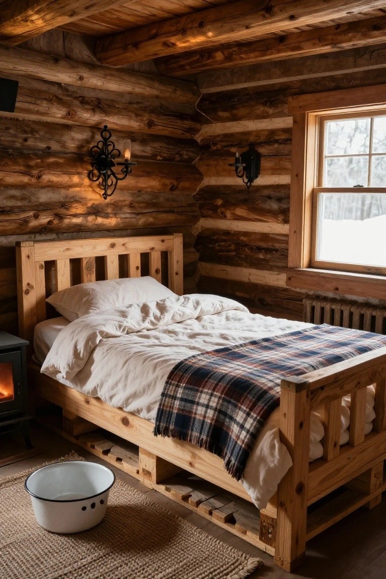 Log cabin bedroom featuring a wooden pallet bed frame with white linens and plaid blanket, next to a small wood stove, with candle sconces on log walls and snow visible through the window.