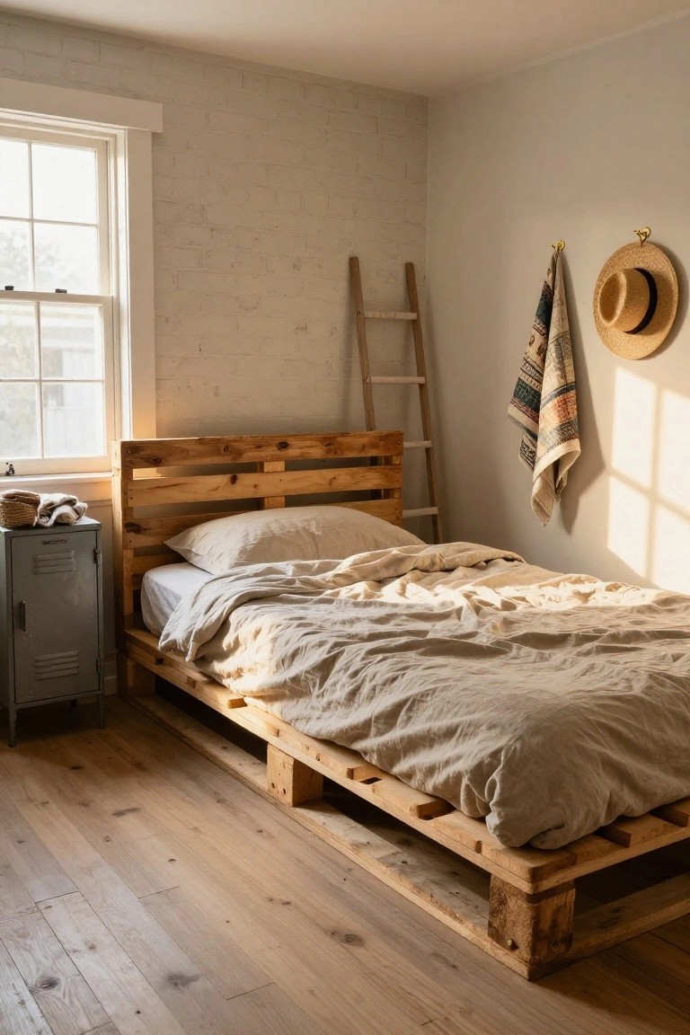 A bedroom with a low wooden pallet bed frame holding white linen bedding, next to a gray metal locker cabinet, wooden ladder leaning on white brick wall, and a window letting in sunlight.