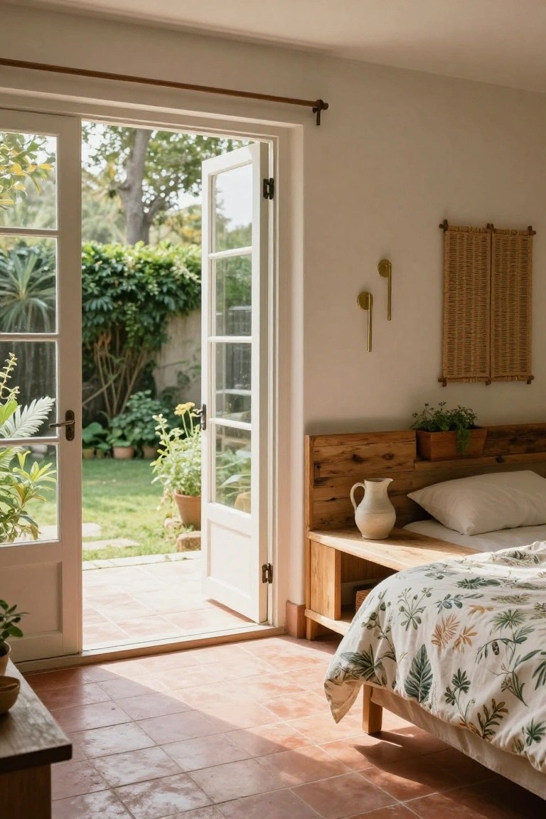 Bedroom with wooden pallet-style headboard featuring built-in shelf and plant niche, open French doors to lush garden, potted plants, and terracotta tile floor.