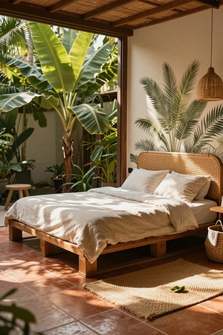 A bedroom with a low wooden platform bed frame, rattan headboard, white pillows and duvet, terracotta tile floor, and large openings to a tropical garden with banana plants.