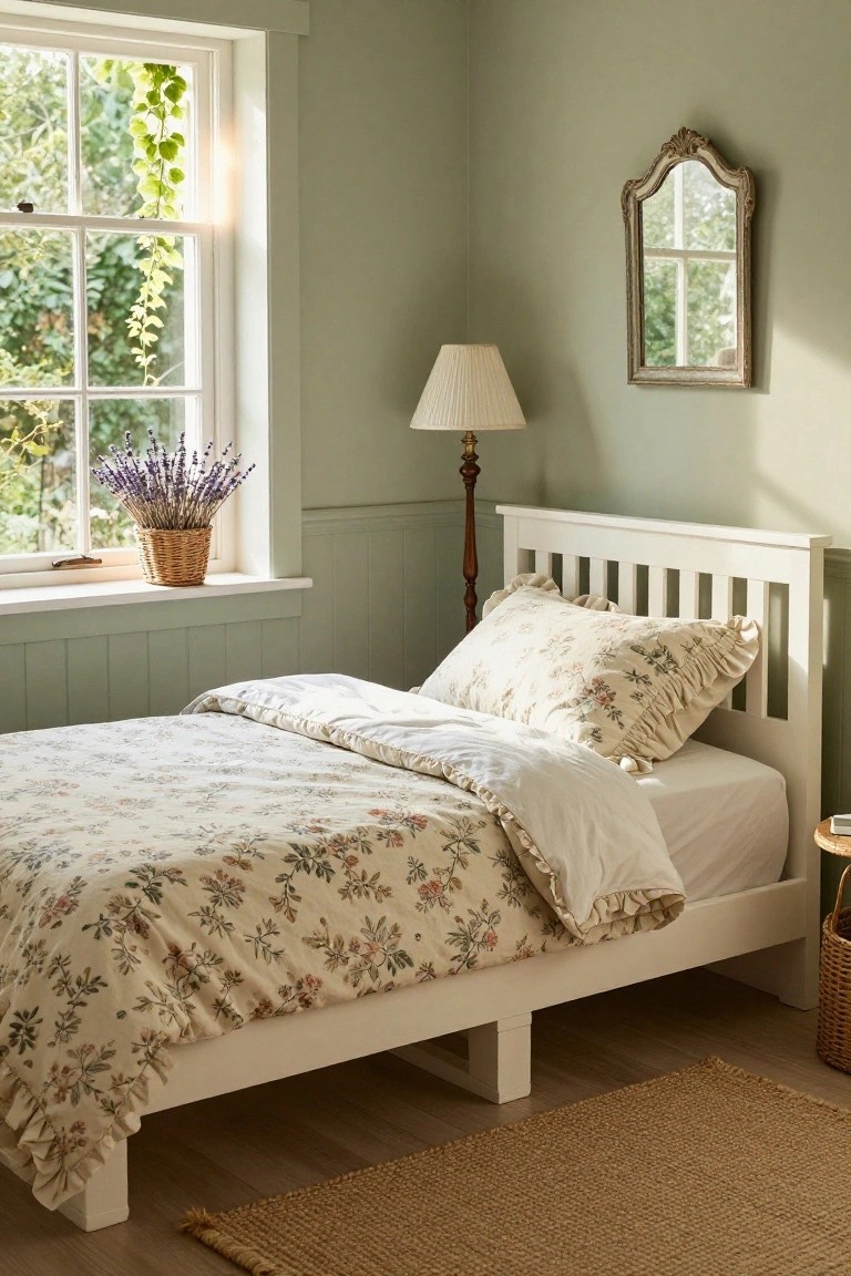 Sage green paneled bedroom with white slatted wooden bed frame, floral print duvet and ruffled pillows, turned-down white sheet, wicker basket of lavender on windowsill with ivy outside, pole lamp, ornate wall mirror, side table, and seagrass rug on wood floor.