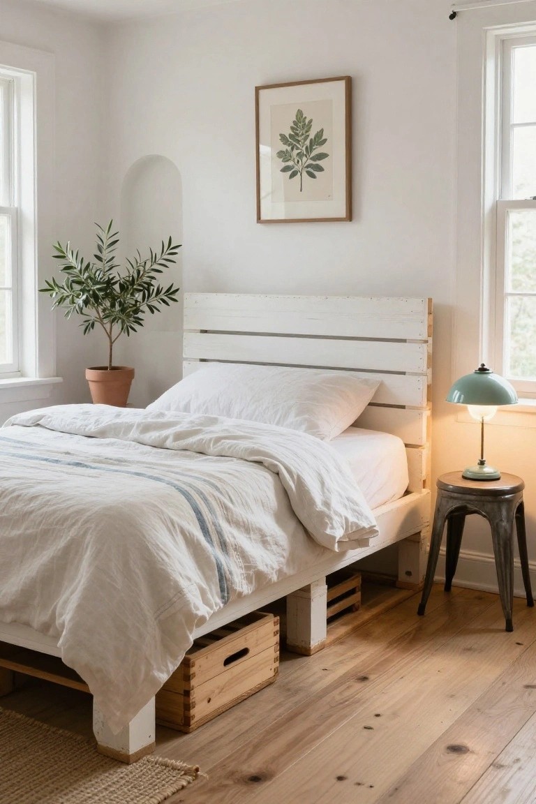 A bedroom with a white wooden pallet bed frame raised on crates, white striped linens, potted olive tree, green shaded lamp on a round table, and arched niche on white walls.