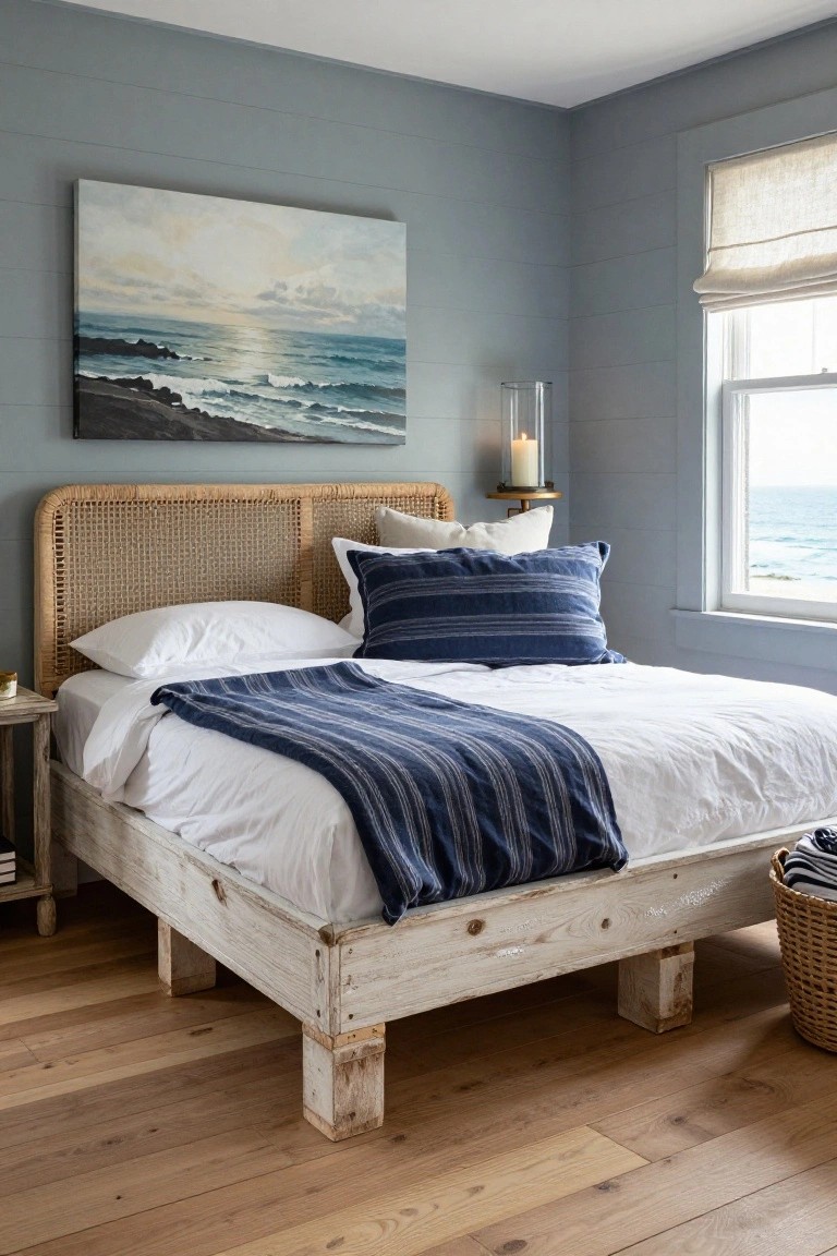 Bedroom with light blue shiplap walls, large painting of ocean rocks and waves above a rattan headboard on a low white wooden platform bed with white sheets and navy striped throw, window showing ocean view, wood side table and wicker basket nearby, oak wood floors.