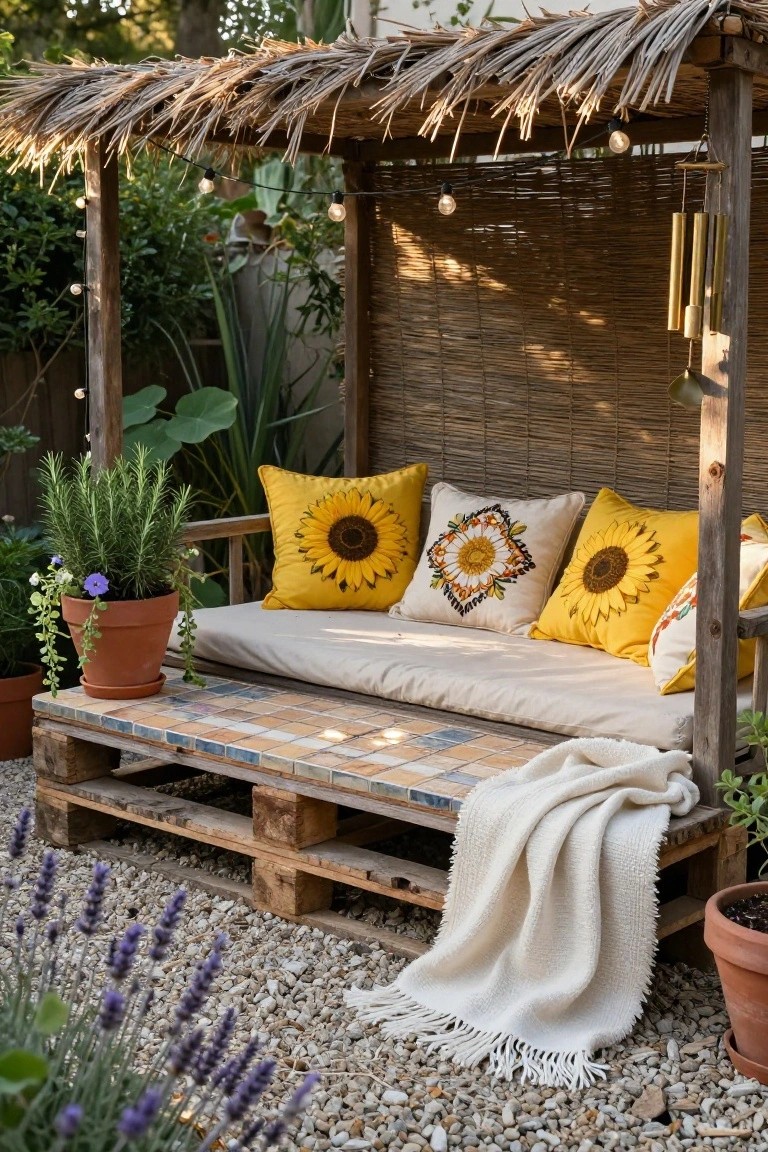 A pallet sofa with beige cushions and yellow sunflower pillows under a thatched roof structure, featuring a tiled pallet table, potted plants, string lights, wind chimes, and lavender around gravel ground in a garden.