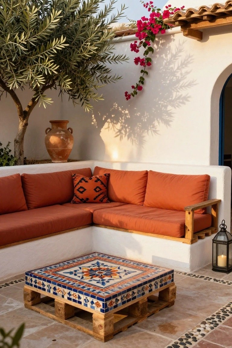 L-shaped outdoor sofa made from wooden pallets with burnt orange cushions and patterned pillow, colorful tiled pallet coffee table, terracotta pot, olive tree, bougainvillea vines, hanging lantern, and white stucco walls on a tiled patio.