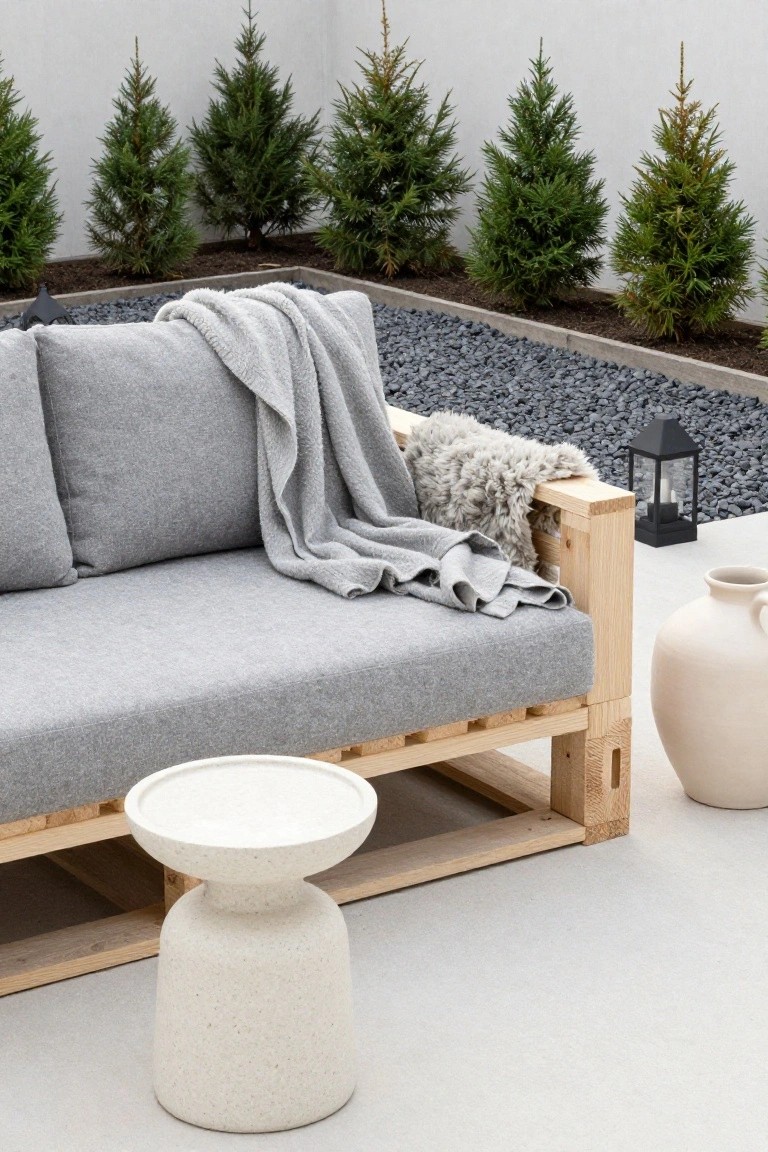 Gray fabric sofa on wooden pallet base in gravel patio surrounded by small fir trees against white wall, with white pedestal side table, black lantern, and tall clay pot nearby.