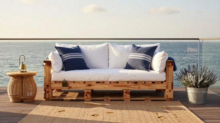 25 Unique Pallet Outdoor Sofa Ideas You Will Want To Copy White cushioned sofa built on wooden pallets on a balcony deck overlooking the ocean, with blue pillows, striped pillows, lavender plants in a metal bucket, a round wooden coffee table, lanterns, and a seagrass rug.