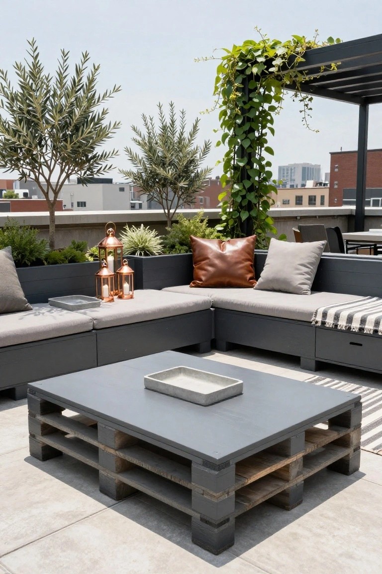 Rooftop terrace with L-shaped sofa made from gray-painted pallets topped by beige and brown cushions, flanked by black planters with greenery, copper lanterns, and olive trees against a city skyline.
