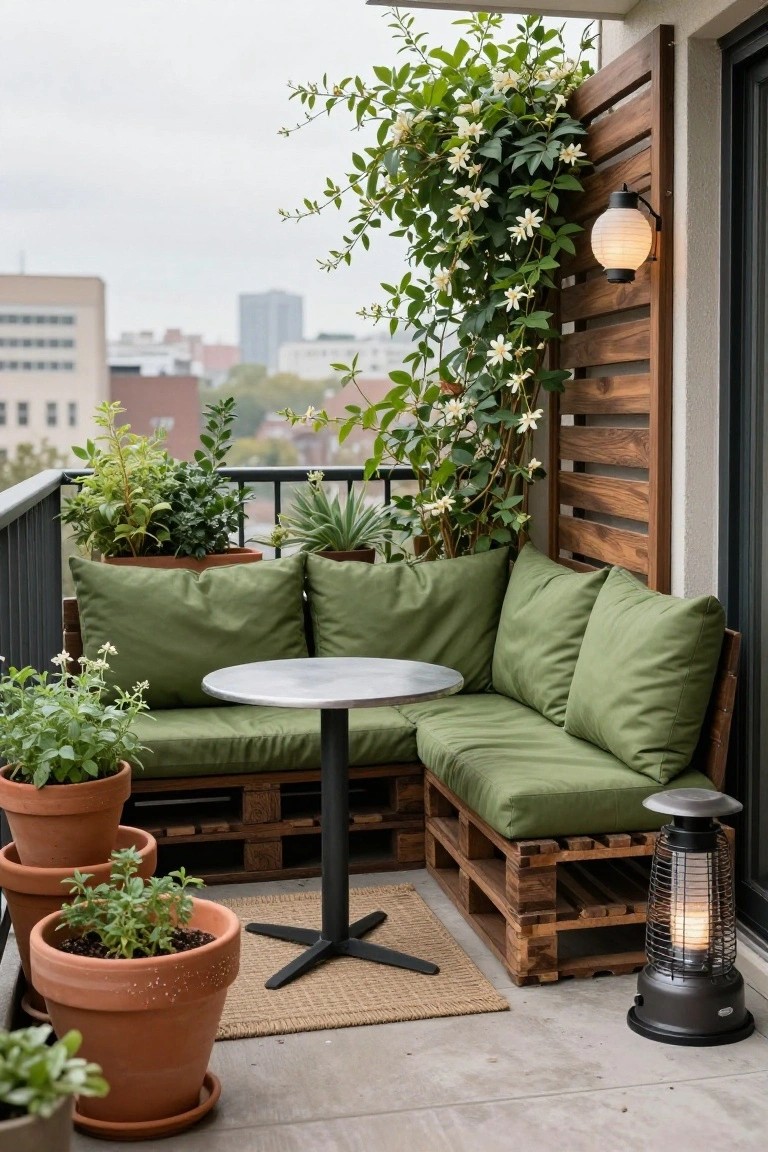 Balcony corner with L-shaped sofa made from stacked wooden pallets and green cushions, round metal table, potted plants, climbing vines on wooden slat screen, lanterns, and cityscape view.