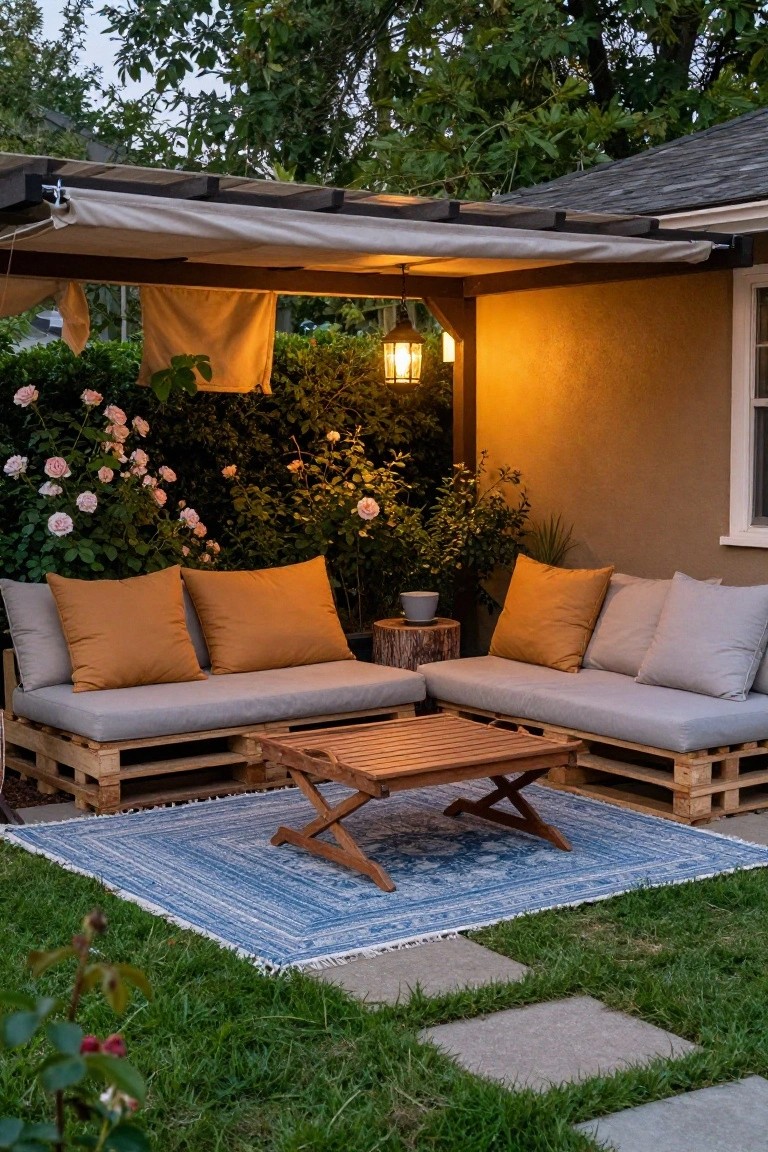 L-shaped outdoor sofa made from stacked wooden pallets with gray seat cushions and orange throw pillows, wooden folding table on blue patterned rug, under beige fabric awning next to stucco house wall surrounded by rose bushes and potted plants.