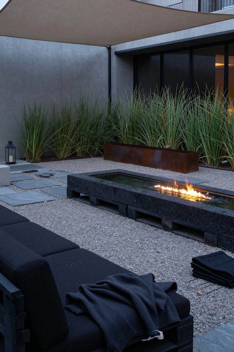 Outdoor patio featuring black pallet-based sofas with dark cushions and a blanket, a rectangular black stone water fire pit with flames, tall ornamental grasses in metal planters, gravel ground, stone pavers, and a beige shade sail overhead against concrete walls.