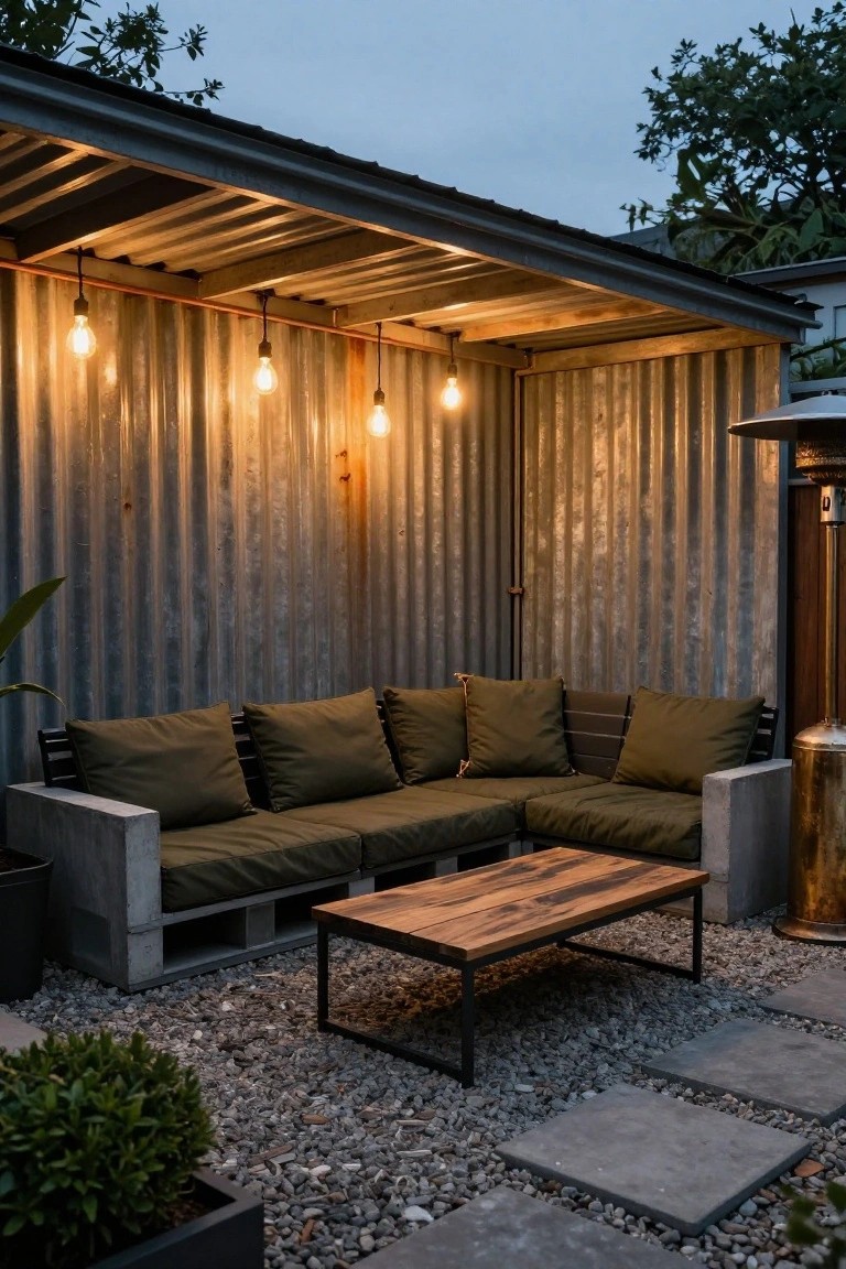 Corner L-shaped sofa with green cushions on concrete block and pallet-style base under corrugated metal roof with hanging Edison bulb lights, low wood coffee table, patio heater, gravel ground, stepping stones, and potted plants in backyard.
