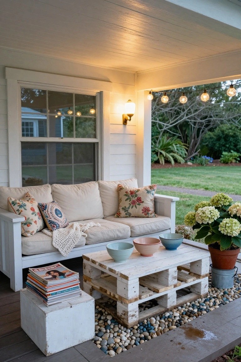 White wooden outdoor sofa with floral cushions and throw on a covered porch, white pallet coffee table with bowls and stacked magazines, potted hydrangea plant, string lights, and garden view.