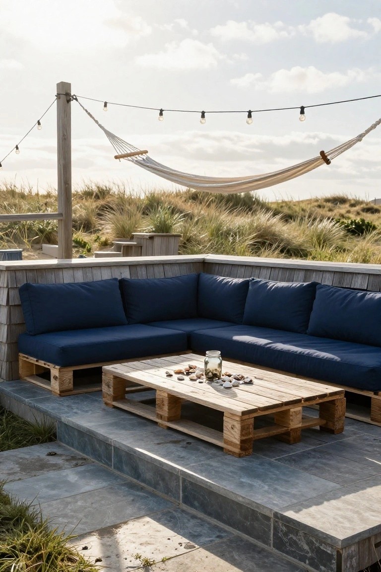 Wooden pallet corner sofa with navy cushions and pallet coffee table topped with shells and a jar, on a slate patio deck backed by shingle walls, with a hammock strung nearby amid dune grass under string lights.