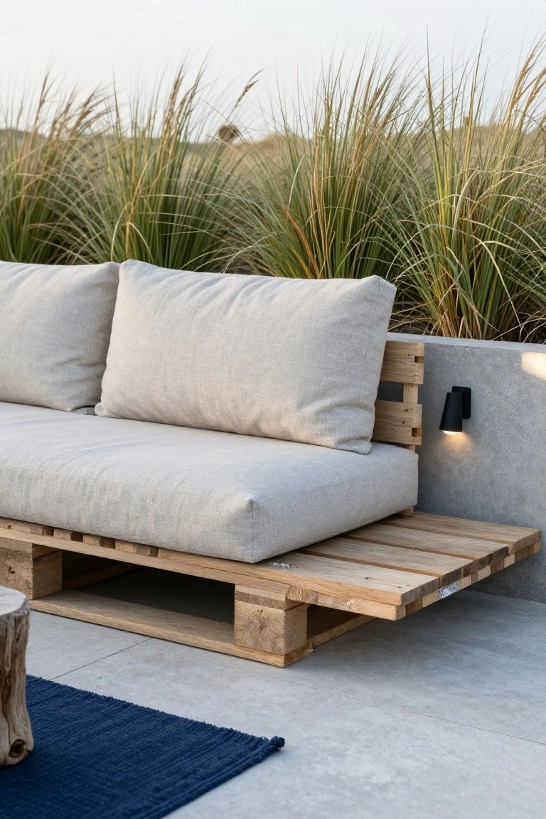 Wooden pallet outdoor sofa with beige cushions against a concrete wall with tall dune grasses, including a tree stump side table, blue rug, and black wall light on a concrete patio.
