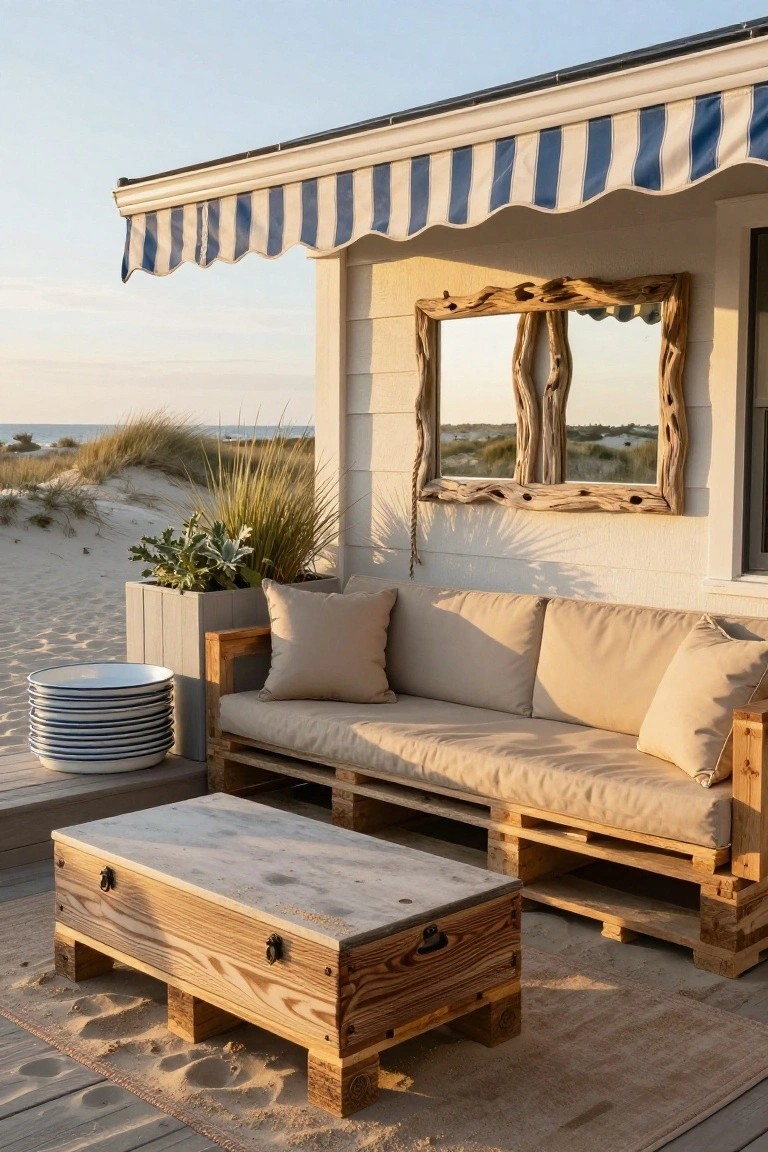 Wooden pallet sofa with beige cushions on a beachside deck, next to a pallet coffee table with lid, potted plants, stacked white plates, and a driftwood-framed mirror on a white wall, with sand dunes and ocean in the background.
