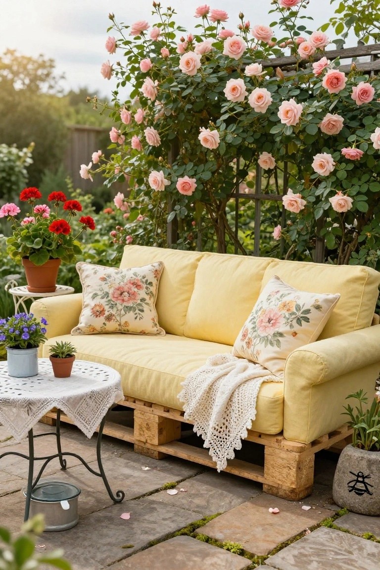 Yellow fabric sofa with floral pillows on wooden pallets on a stone patio, surrounded by potted plants including red geraniums and blue flowers, with pink climbing roses on a black metal trellis behind it and a small white table nearby.
