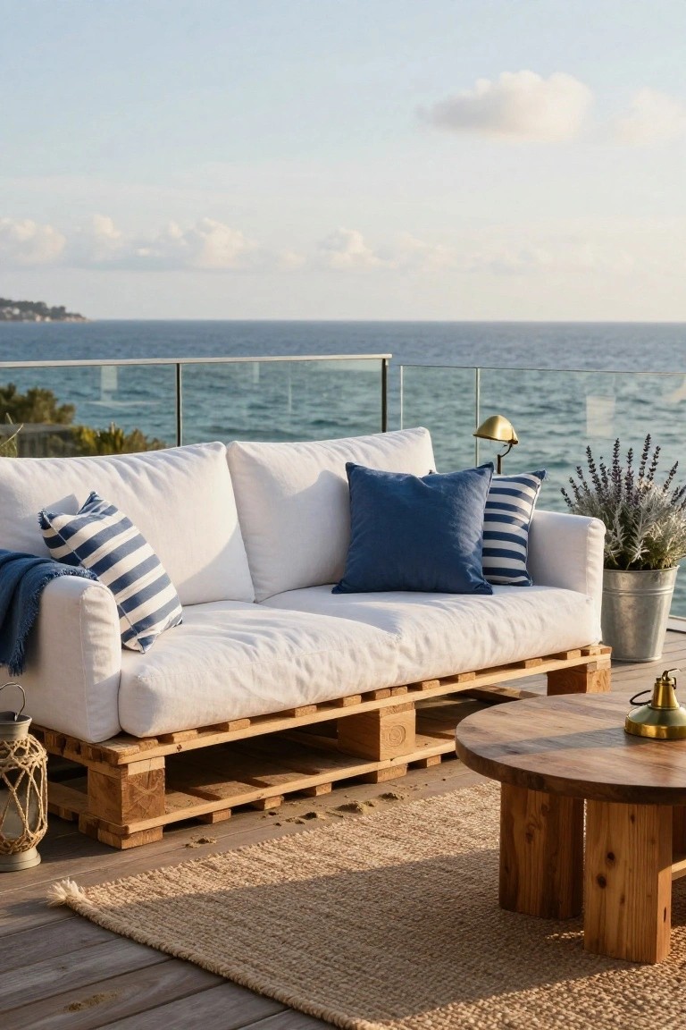White cushioned sofa built on wooden pallets on a balcony deck overlooking the ocean, with blue pillows, striped pillows, lavender plants in a metal bucket, a round wooden coffee table, lanterns, and a seagrass rug.
