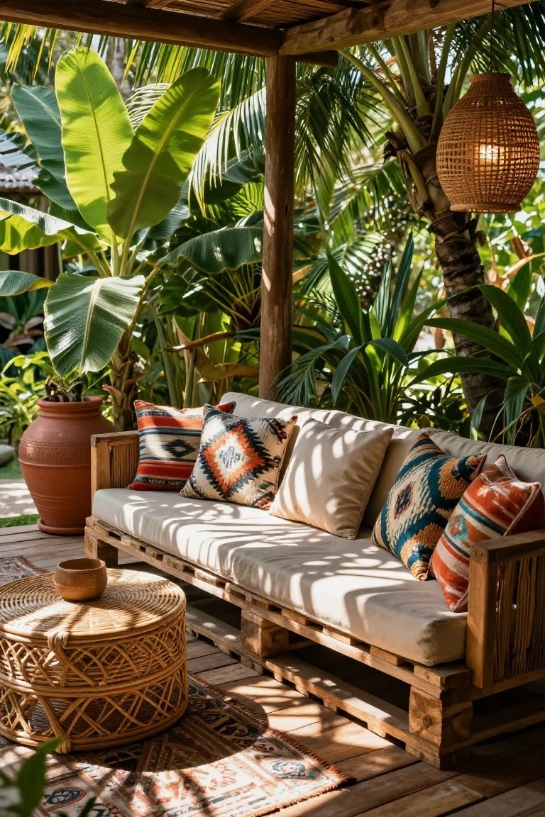 Wooden pallet sofa with white cushions and multicolored patterned pillows on a deck, next to a rattan table, surrounded by tropical plants under a thatched pergola structure.