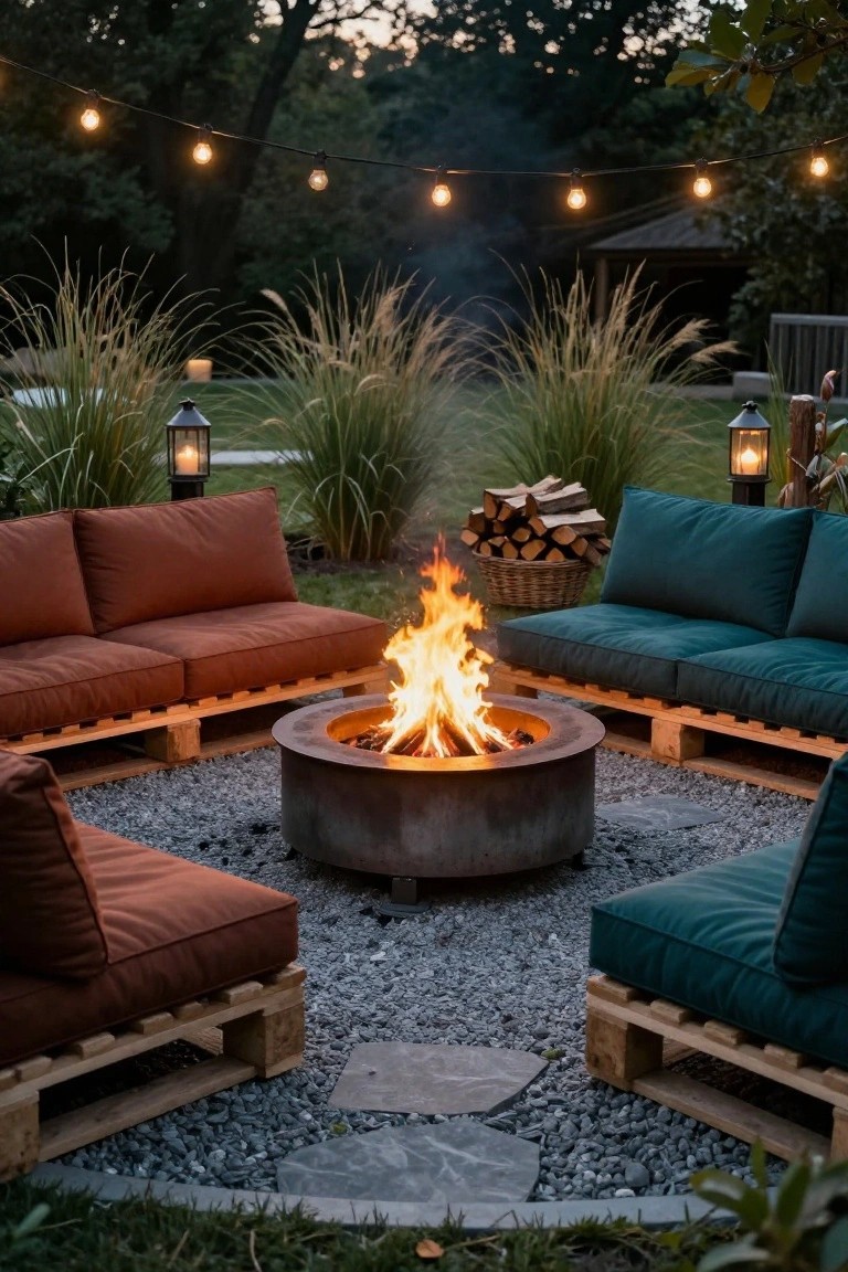 Wooden pallet sofas with rust and teal cushions arranged in a circle around a central metal fire pit on a gravel patio surrounded by tall ornamental grasses, lanterns, firewood basket, and string lights in a garden at dusk.