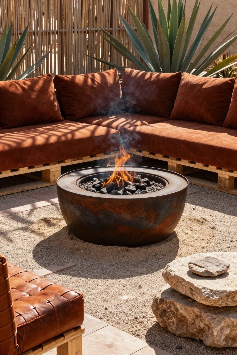 Rustic fire pit with orange flames, terracotta sofa, and agave plants.