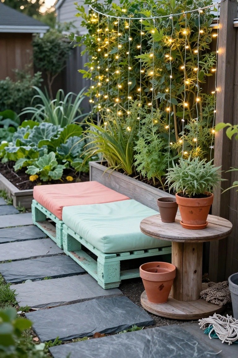 Outdoor seating area featuring two green wooden pallet sofas with orange and teal cushions, a wooden spool side table holding terracotta pots, raised garden beds with vegetables, string lights on a fence, and stone pavers.