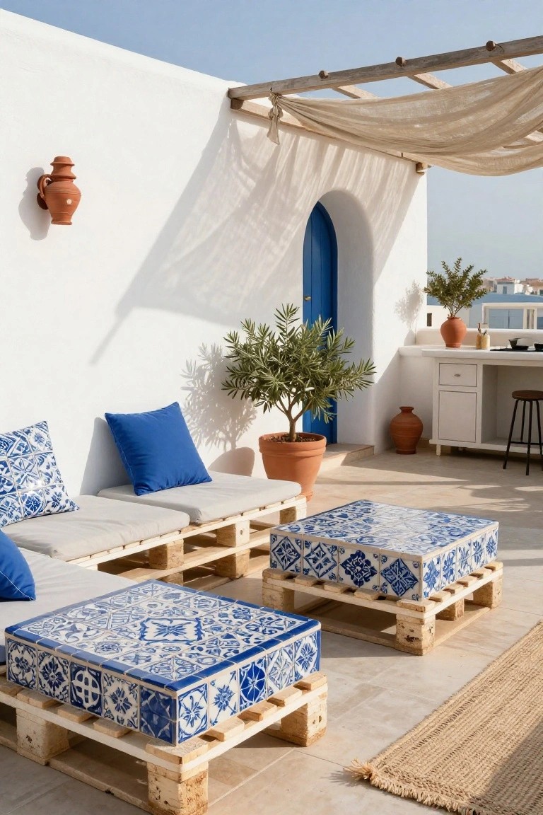 Outdoor terrace seating with gray-cushioned pallet sofas and two square pallet coffee tables topped with blue and white patterned tiles, white walls, blue arched door, potted plants, and beige pergola shade.