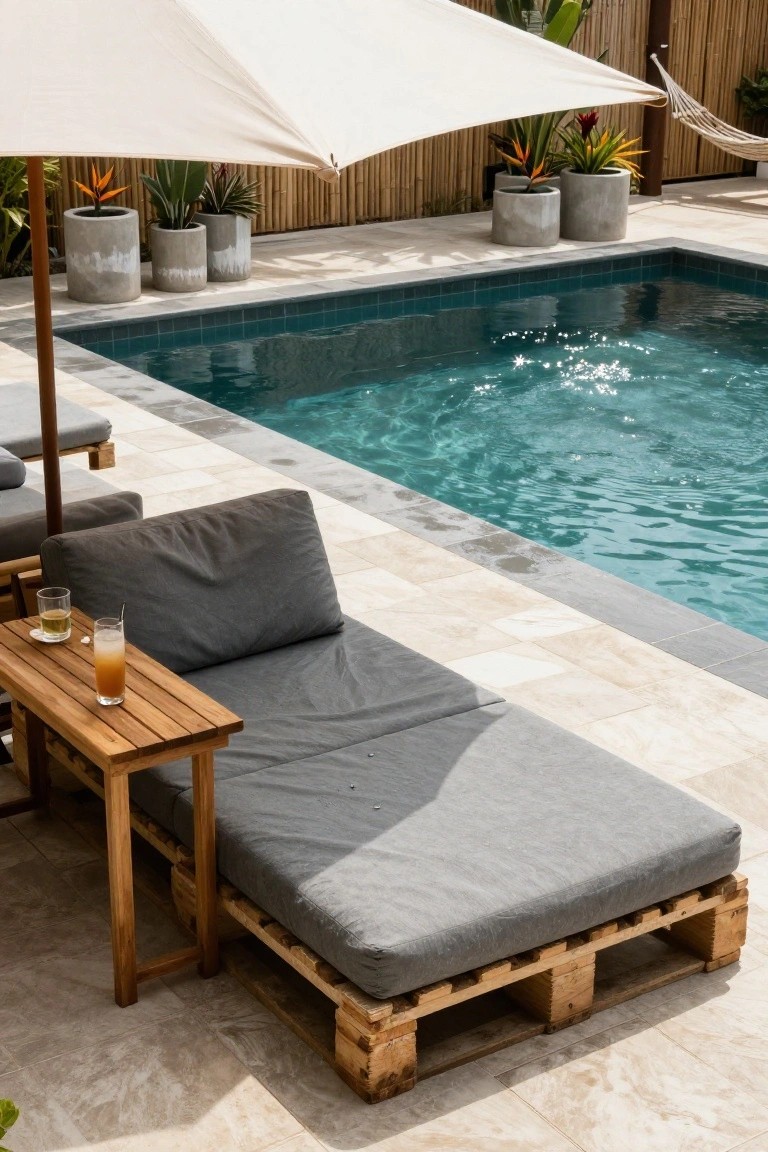 Gray cushioned daybed made from wooden pallets beside a turquoise pool, with a wooden side table holding two glasses, beige umbrella overhead, potted plants, and bamboo fence in the background.