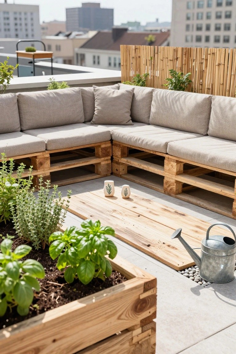 Corner L-shaped outdoor sofa built from stacked wooden pallets with beige cushions on a rooftop terrace, next to a wooden coffee table, potted herbs, a watering can, and bamboo fencing with city skyline in the background.